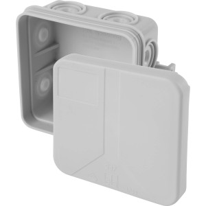 Geöffnete Spelsberg Aufputz Verbindungsdose IP55 aus grauem Kunststoff.