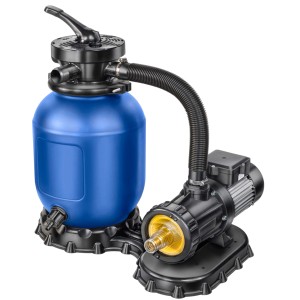 Sandfilteranlage myPool Premium 28-4 für BWT Rundpool-Set, blaue Filterpumpe mit schwarzem Motor.