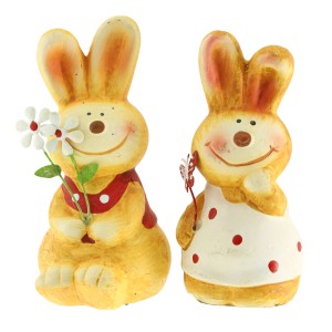 2er Set Deko-Hase aus Keramik mit Metallblume, sortiert. Osterdekoration für ein fröhliches Zuhause.