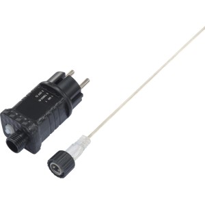 Schwarzes Netzteil mit Stecker, Timer und transparentem Kabel für OBI LED Außen-Weihnachtsfigur.
