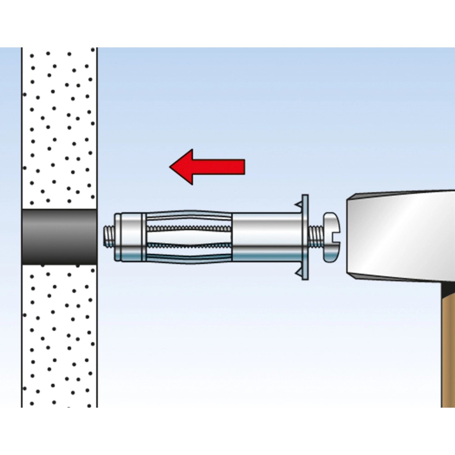 Montage eines Fischer Hohlraumdübel HM 4x45 mit Hammer in Gipskartonwand.