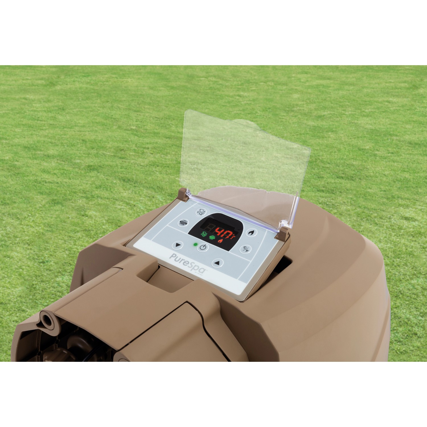 Detailaufnahme des Bedienfelds vom Intex PureSpa Whirlpool in Beige. Temperaturanzeige und Steuerungselemente sichtbar.