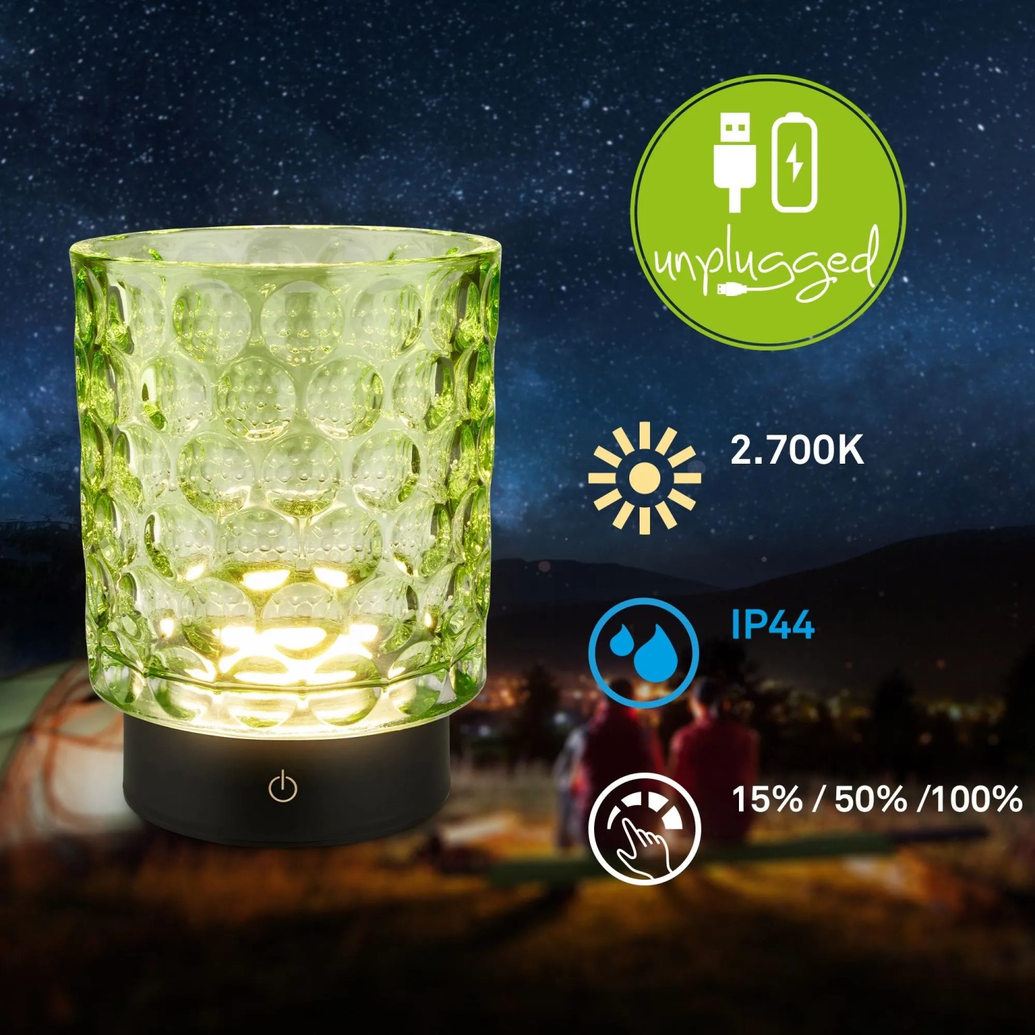 Grüne Brilo Akku-LED-Tischleuchte Sunora aus Glas, dimmbar mit Touchfunktion.