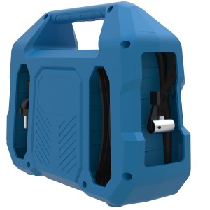 Blauer Güde Kompressor Airpower Dual Drive 12/230 V mit Zubehör. Kompakter, tragbarer Kompressor.