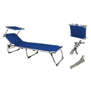 Blaue Garden Pleasure Sonnenliege Kiso mit Sonnendach und silbernem Gestell.