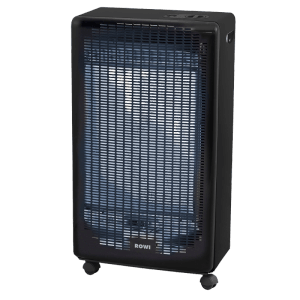 Schwarzer Rowi Gas-Heizofen HGO 4200/4 BFT Blue Flame mit Rollen und Gitter.
