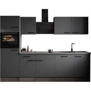 Moderne Respekta Küchenzeile Oliver, 280 cm, Eiche York/Grau Matt, mit E-Geräten und Spüle.