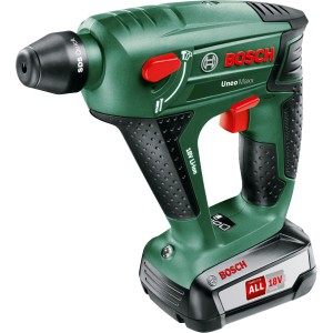 Bosch Uneo Maxx Akku-Bohrhammer 18V mit Akku und Ladegerät. Kompakter grüner Bohrhammer mit SDS-System.