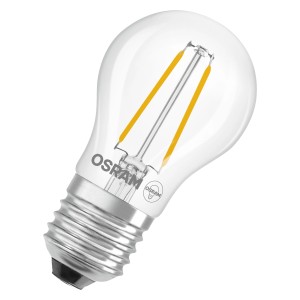 Klares Osram E27 LED-Leuchtmittel in Tropfenform, 1W, ideal für dekorative Beleuchtung.