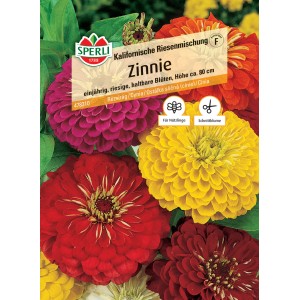 Samenpackung Sperli Zinnie Kalifornische Riesenmischung mit Zinnien in rot, gelb, orange und pink.