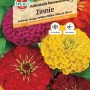 Samenpackung Sperli Zinnie Kalifornische Riesenmischung mit Zinnien in rot, gelb, orange und pink.