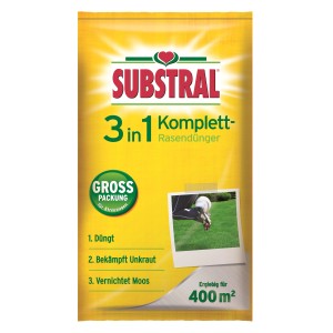 Substral 3 in 1 Komplett Rasendünger, 14 kg Packung zur Rasenpflege mit Unkrautvernichter.