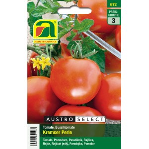 Saatgutpackung Tomate Kremser Perle, eine frühreife, rote Buschtomate.