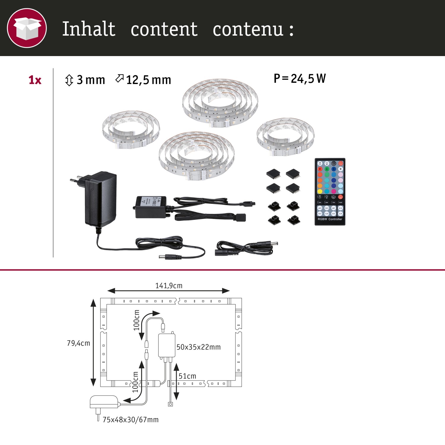 Paulmann MaxLED TV Set 65 Zoll: LED Streifen, Netzteil, Fernbedienung und Zubehör.