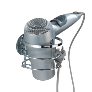 Wenko Haartrocknerhalter Turbo-Loc aus glänzendem Edelstahl mit Kabelhalter.