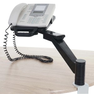 Schwarzer MCW Telefonarm T555 mit weißem Telefon, am Schreibtisch geklemmt. Neigbar, drehbar, höhenverstellbar für Büro.