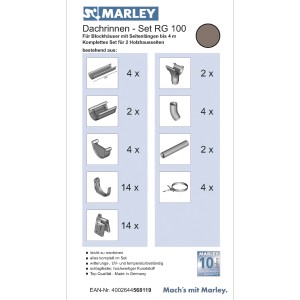 Marley Dachrinnen-Set RG 100, braun, für Blockhäuser bis 4m Seitenlänge. Komplettes Dachrinnensystem.