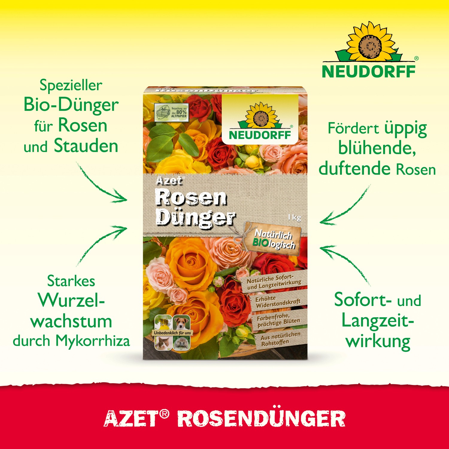 Neudorff Azet Rosen-Dünger 1kg Packung für üppige Blütenpracht und starke Wurzeln.