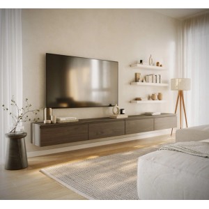 Selsey TV-Hängeboard Bemmi 300 cm in dunkler Nussbaum Holzoptik, minimalistisch und schwebend montiert, mit vier Klappen.