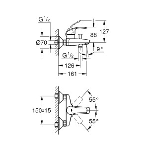 Technische Zeichnung der Grohe Eurosmart Einhand-Wannenbatterie in Chrom mit Maßangaben.