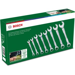 Bosch Ratschenschlüssel Set, 8-teilig im grünen Koffer. Maulschlüssel und Ringratschenschlüssel.
