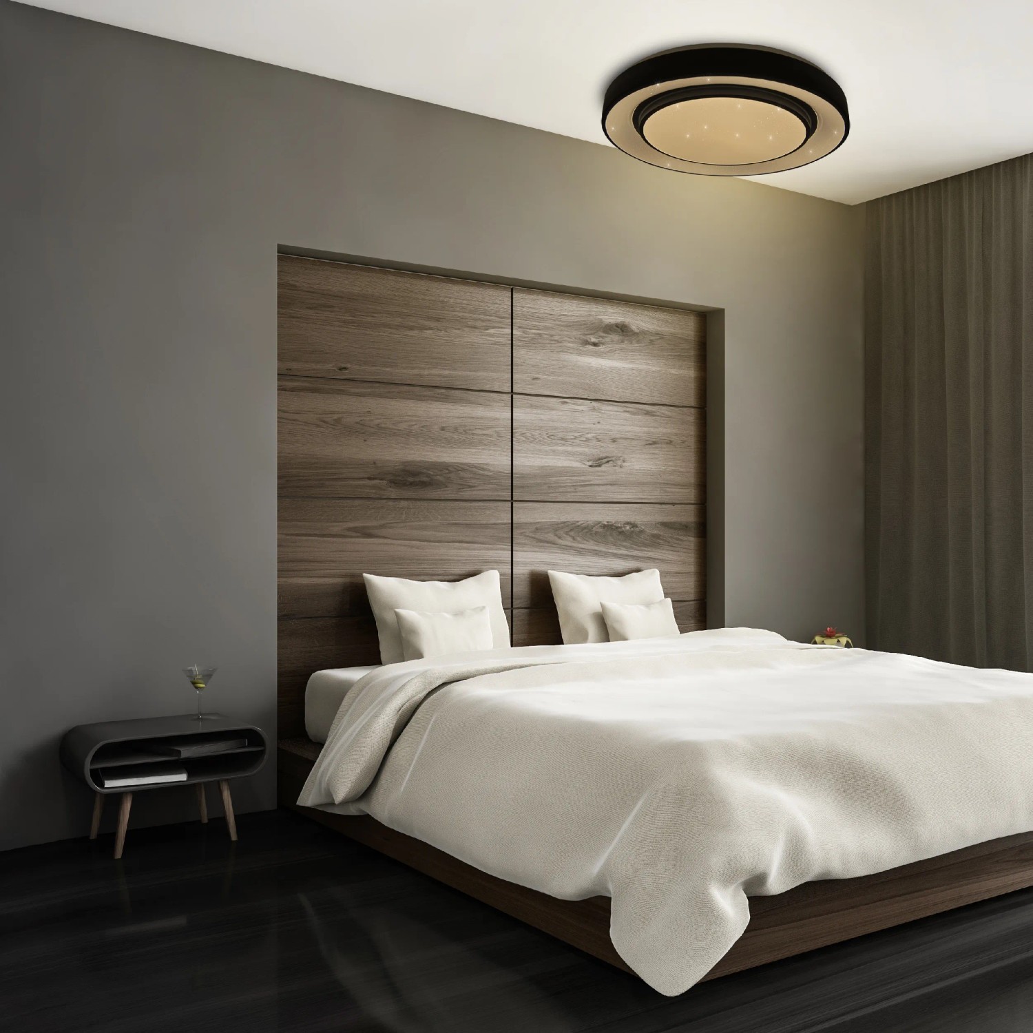 Moderne LED-Deckenleuchte Monterey, 47,5 cm, im Schlafzimmer. Dimmbar und farbwechselbar.
