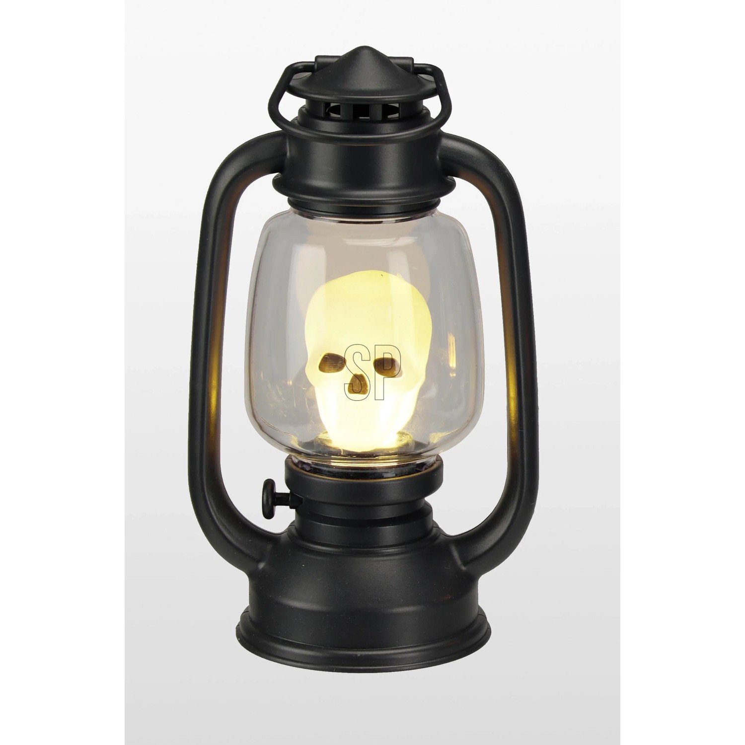 Schwarze Halloween-Laterne mit leuchtendem Totenkopf, LED-Licht und Sound. Kompakte Deko für gruselige Stimmung.