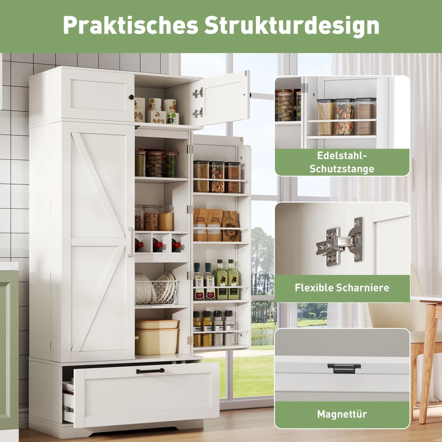 okwish Küchenaufbewahrungsschrank mit Einlegeböden Schubladen Weinregal 80x40x180cm Weiß_10