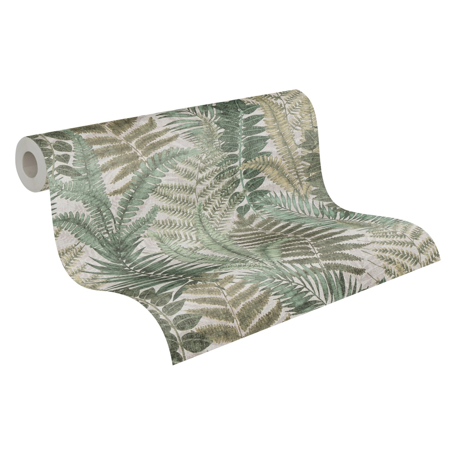 Rolle Vliestapete mit Blätter-Motiv in Grün- und Brauntönen, leicht strukturiert.