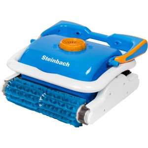 Steinbach Poolroboter Twin: Automatischer Schwimmbadreiniger in Blau, Weiß und Orange.
