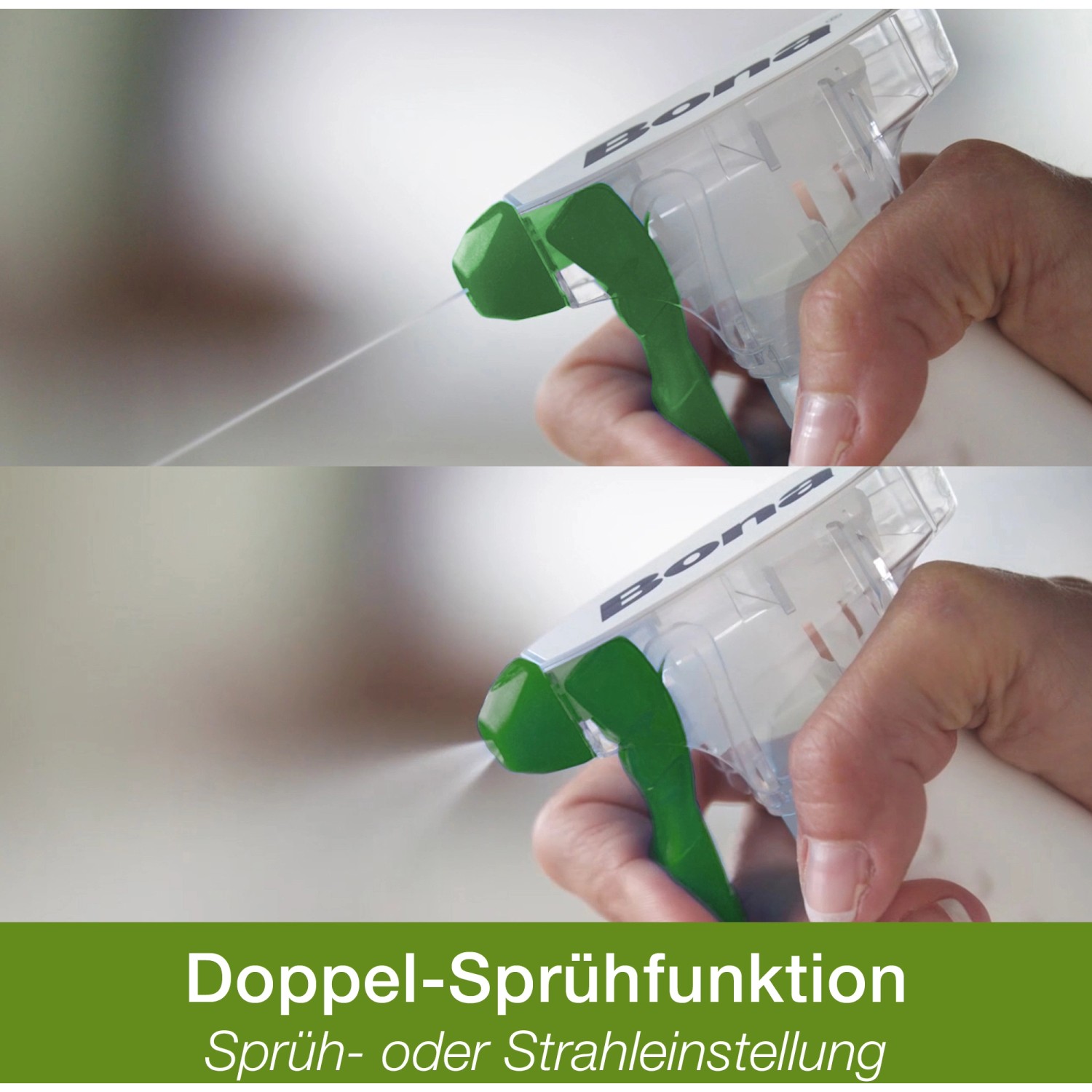 Bona Stein-, Fliesen- und Laminatreiniger Spray mit Doppel-Sprühfunktion in Aktion.