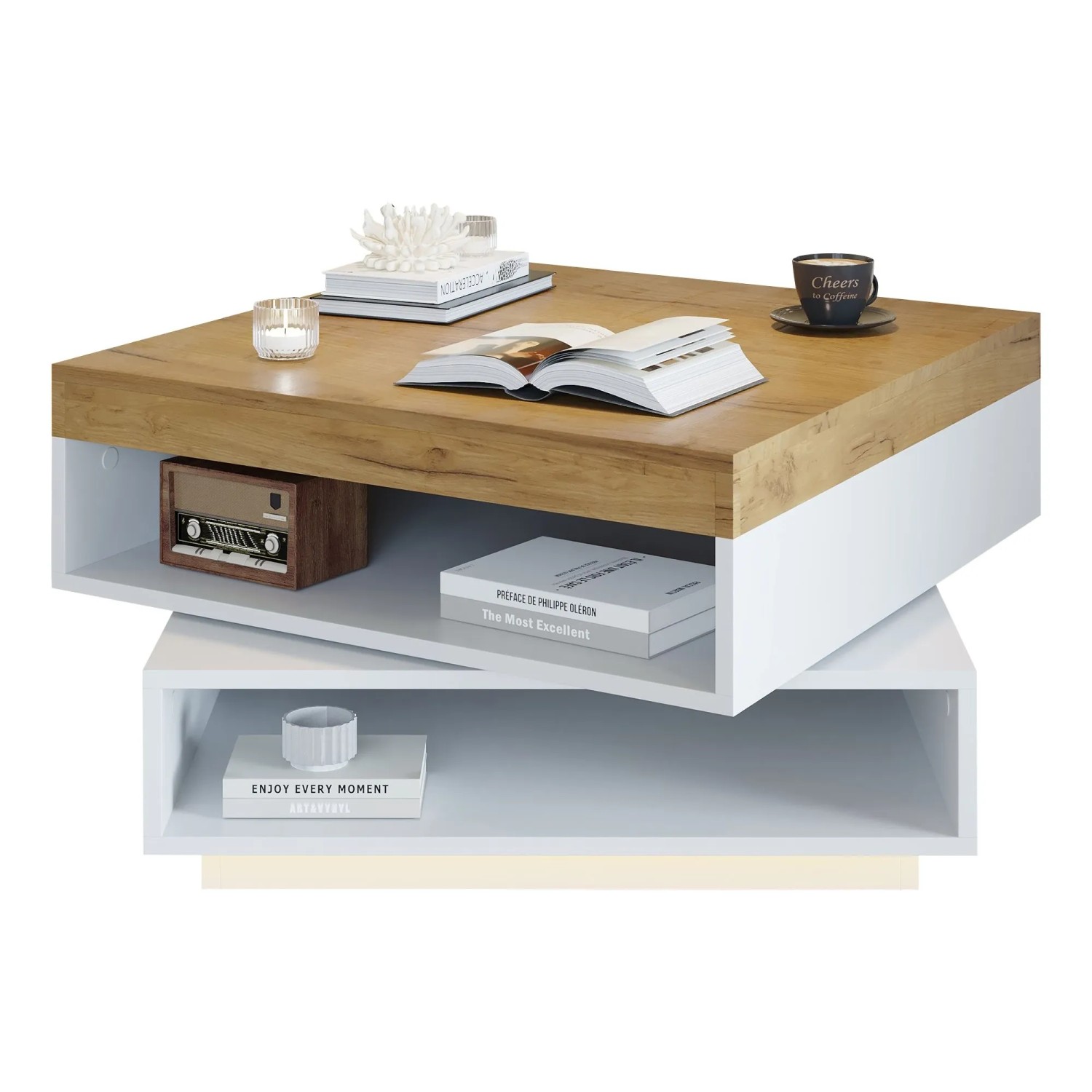 okwish Couchtisch mit LED Schubladen Drehbar 65x65x40cm Hochglanz Weiß_9