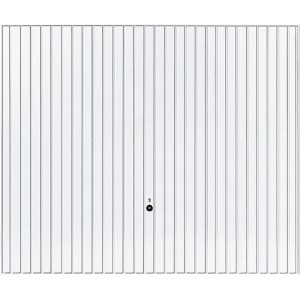 Weißes Hörmann Schwingtor Berry Pearlgrain Garagentor mit senkrechter Sicke und Griff in der Mitte.