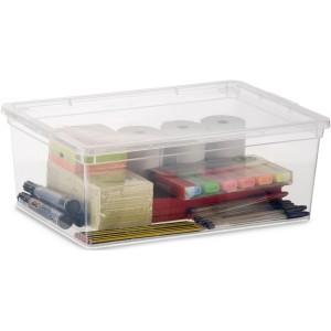 Transparente KIS Aufbewahrungsbox C S mit Deckel, gefüllt mit Büroartikeln.