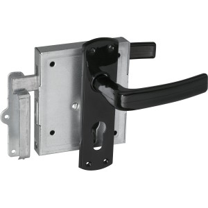 Abus Aufschraubschloss ASS PZ B/SB, verzinkter Schlosskörper mit schwarzem Türgriff für Profilzylinder.