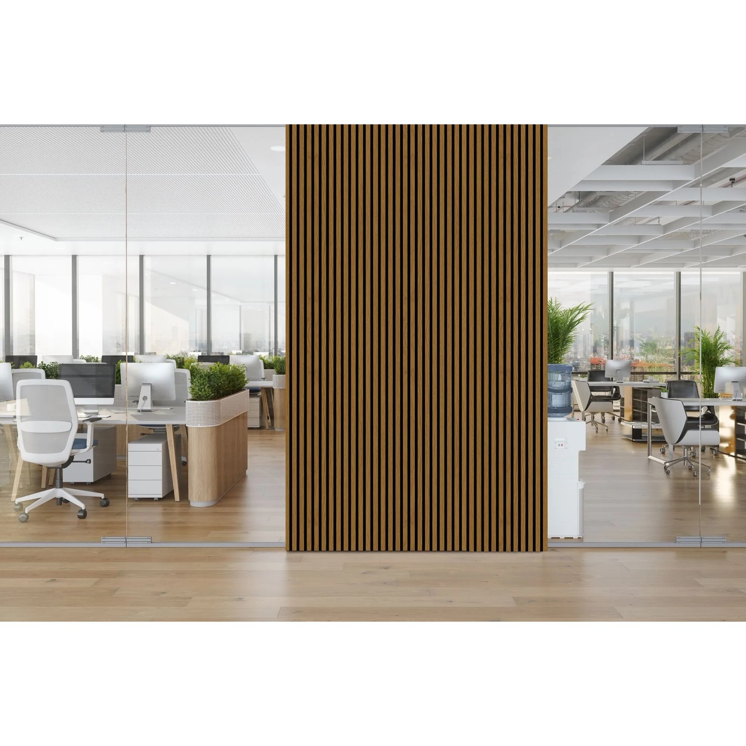 FN Acustico Akustikplatte Eiche im modernen Büro. Dekoratives, schallabsorbierendes Paneel mit Holzlamellen-Optik.