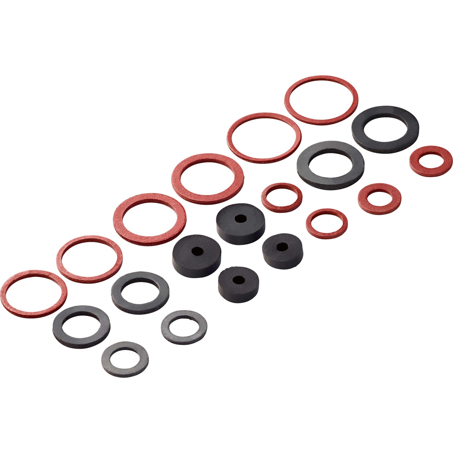 Dichtungssortiment für Armaturen: Fiber- und Gummidichtungen in verschiedenen Größen für Bad, Küche und WC.