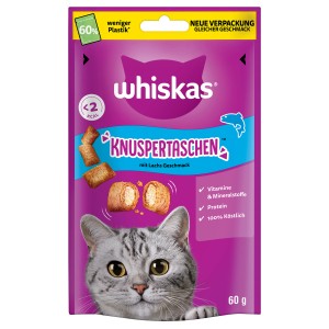 Whiskas Knuspertaschen Lachs, 60g: Katzen-Ergänzungsfutter mit knuspriger Hülle und cremiger Füllung.