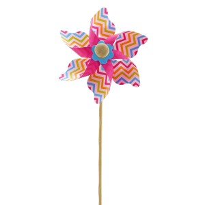 Buntes Windrad aus Kunststoff und Holz, 2-fach sortiert, für frühlingshafte Dekoration.