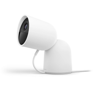 Weiße Philips Hue Secure Kamera mit Kabel und Standfuß für die Videoüberwachung.