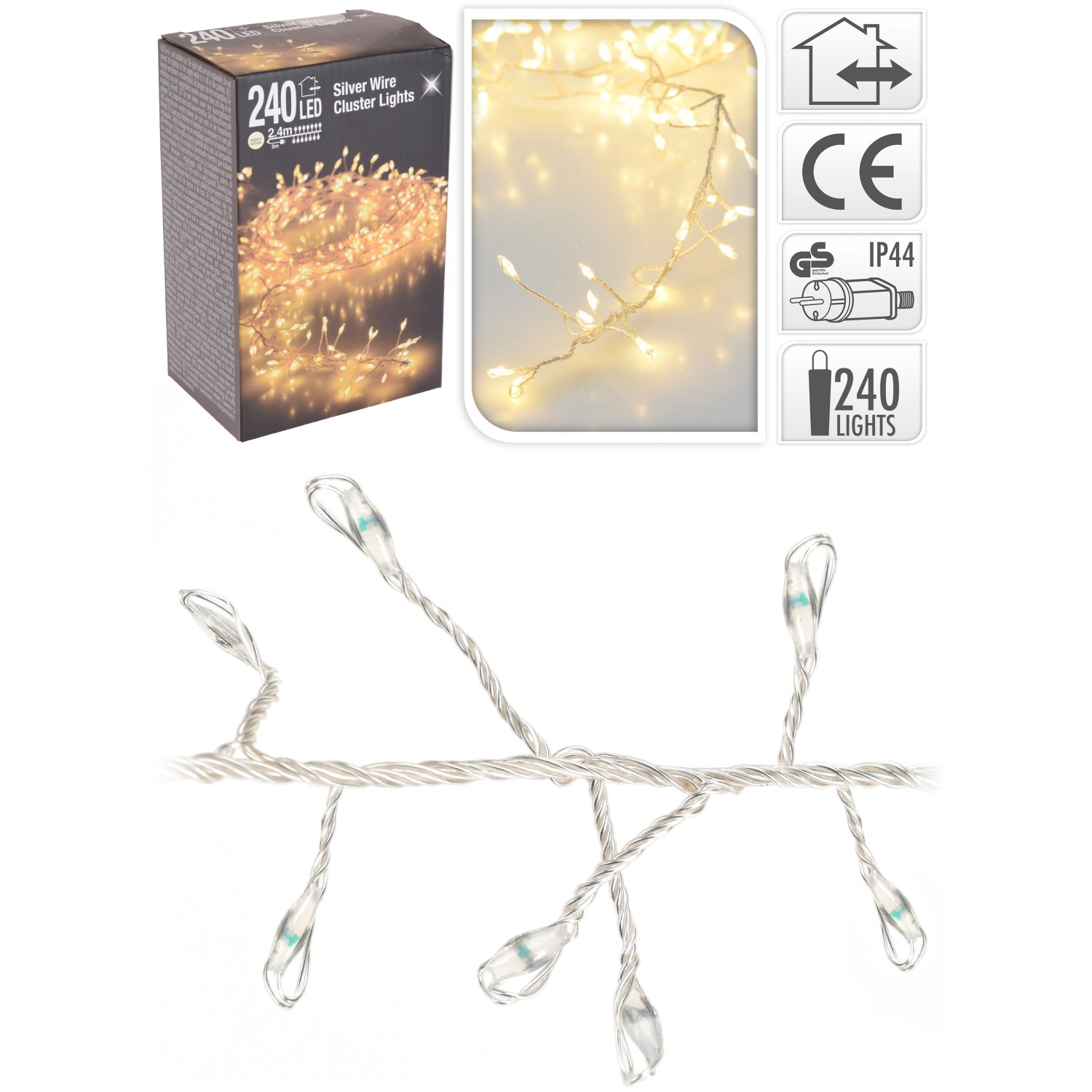 Micro LED Lichterkette Cluster 240 warmweiße LEDs Silberdraht innen und
