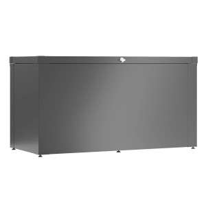 Anthrazitfarbene Guardi Gartenbox (129 cm breit) zur Aufbewahrung von Gartenutensilien und Auflagen.