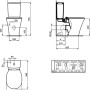 Technische Zeichnung: Ideal Standard Connect Air Stand-WC, spülrandlos mit AquaBlade, Maße und Anschlüsse.