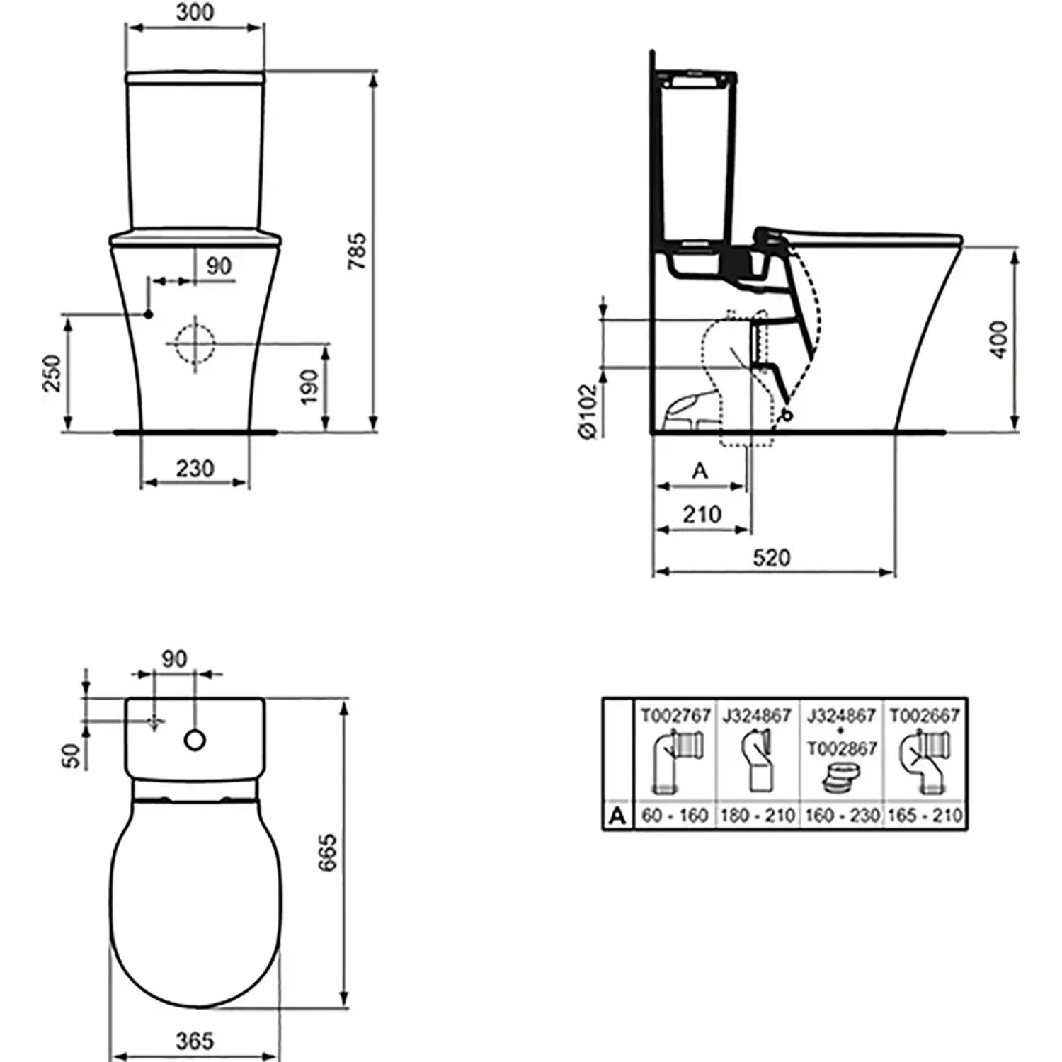 Technische Zeichnung: Ideal Standard Connect Air Stand-WC, spülrandlos mit AquaBlade, Maße und Anschlüsse.