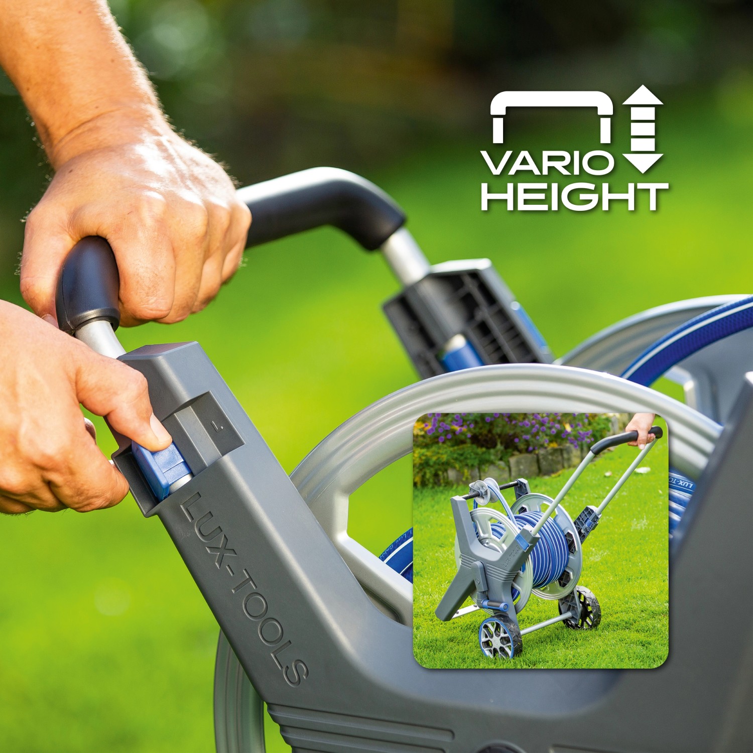 LUX Schlauchwagen-Set Pro mit Metalltrommel und 30m Schlauch, Detailaufnahme der Höhenverstellung.