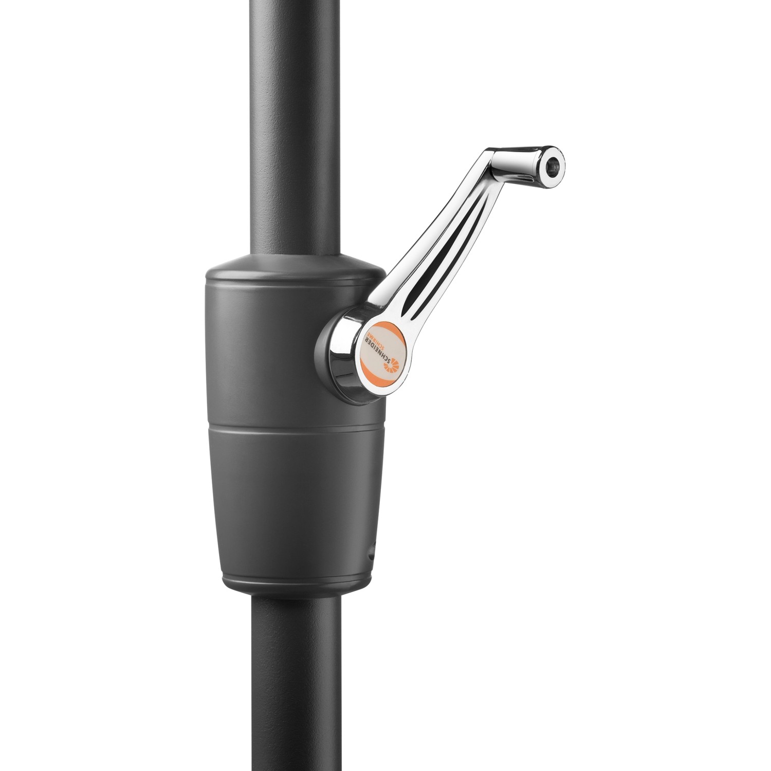 Detailaufnahme: Kurbelmechanik des silbergrauen Schneider Marktschirms (Ø 270 cm).