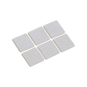Sechs selbstklebende, quadratische Filzgleiter (32x32 mm) zum Schutz von Oberflächen.