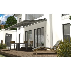 Gelenkarmmarkise, 350x250 cm, anthrazit-beige gestreift, montiert an einer Hauswand über einer Terrasse.