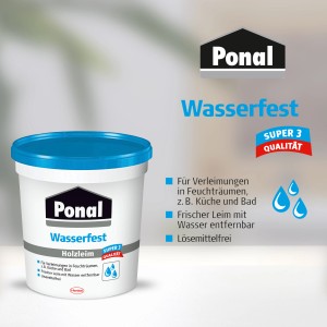 Dose Ponal Holzleim Wasserfest, transparent trocknend, für feuchte Räume wie Bad und Küche.