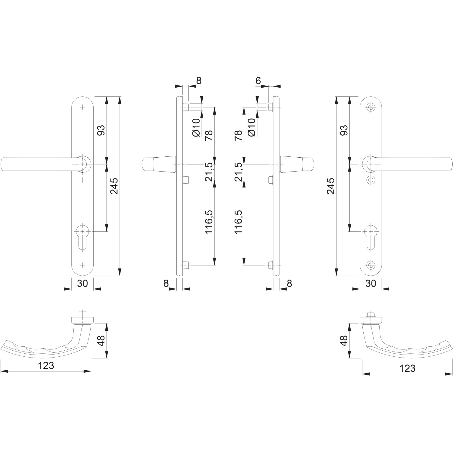 Technische Zeichnung: Hoppe Schmalschild-Türgriff-Garnitur Lima, Aluminium weiß, Maße und Details.